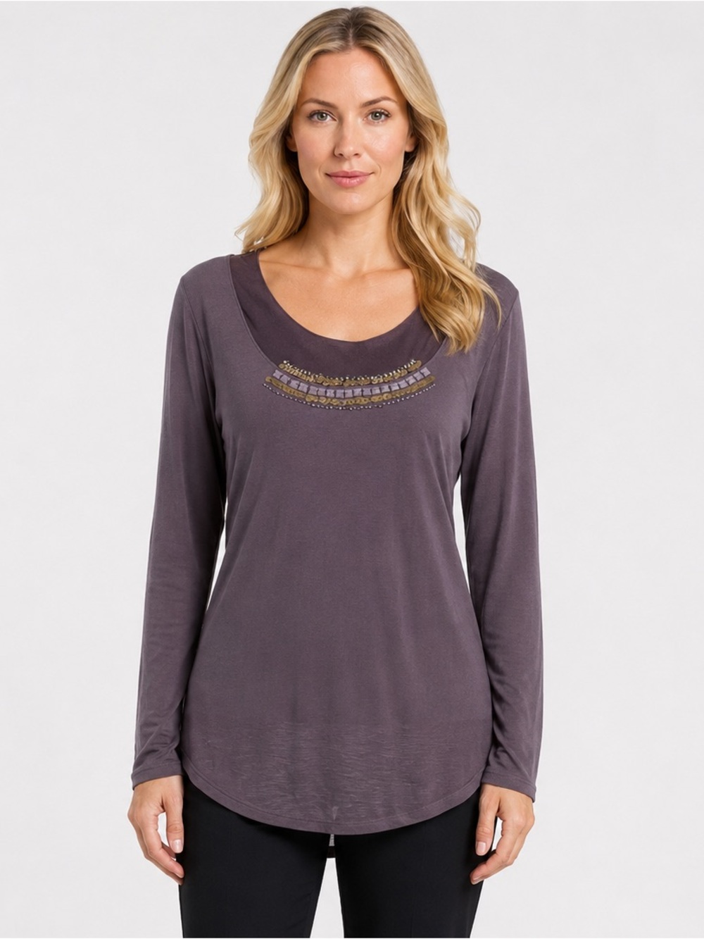 Simply Vera Vera Wang Mesh Yolk Embellished Sequin Gray Long Sleeve Tee Size XL